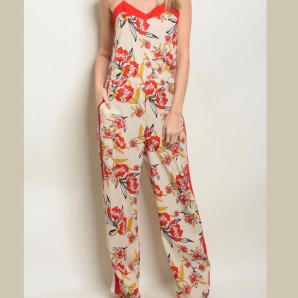 Floral V Neck Silky & Striped Jumpsuit